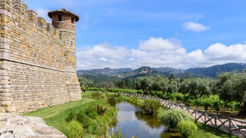 Castello di Amorosa Winery, and the Vaca Mountains, Napa, CA.