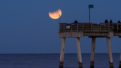 The setting full, blue, blood supermoon over the Venice, FL fishing pier.